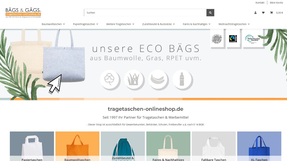Onlineshop Gütesiegel zertifizierter Händler Tragetaschen Online Shop